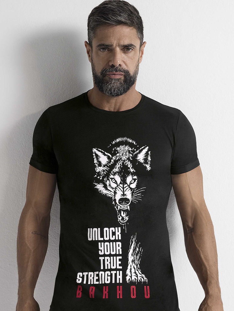 CAMISETA MANGA CORTA ESCOTE REDONDO DE JERSEY Y ALGODON, CON ESTAMPA LOBO