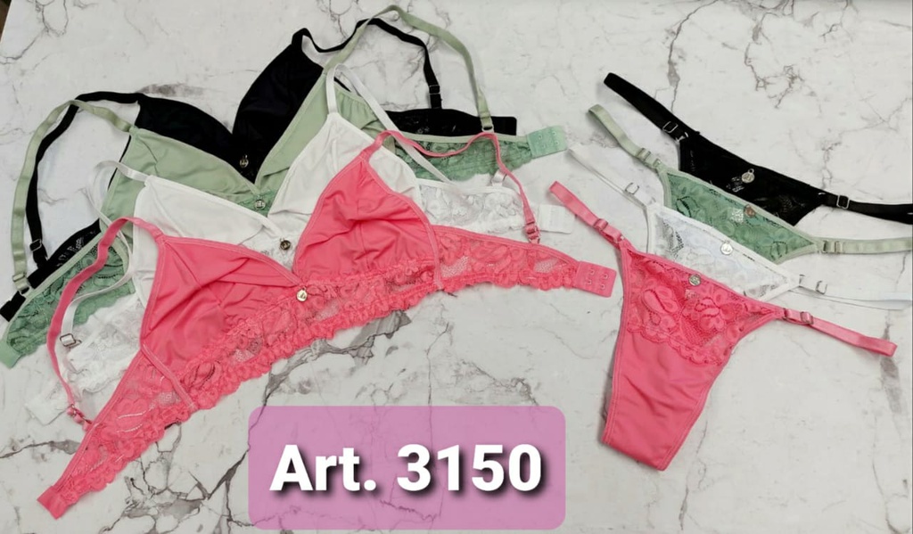 CONJUNTO BRALETTE MICROFIBRA CON ENCAJE Y COLALES REGULABLE LISO