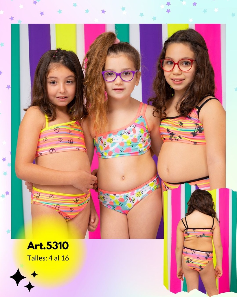 MALLA BIKINI NENA UN SOLO HOMBRO. ESTAMPADO RAYAS-MANCHAS