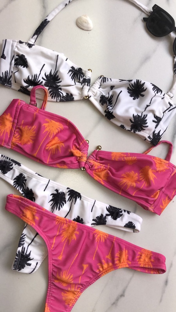 DTO -15% OFF!!! VER. MALLA BIKINI STRAPLESS ESTAMPADO PALMERAS CON HERRAJE Y LESS