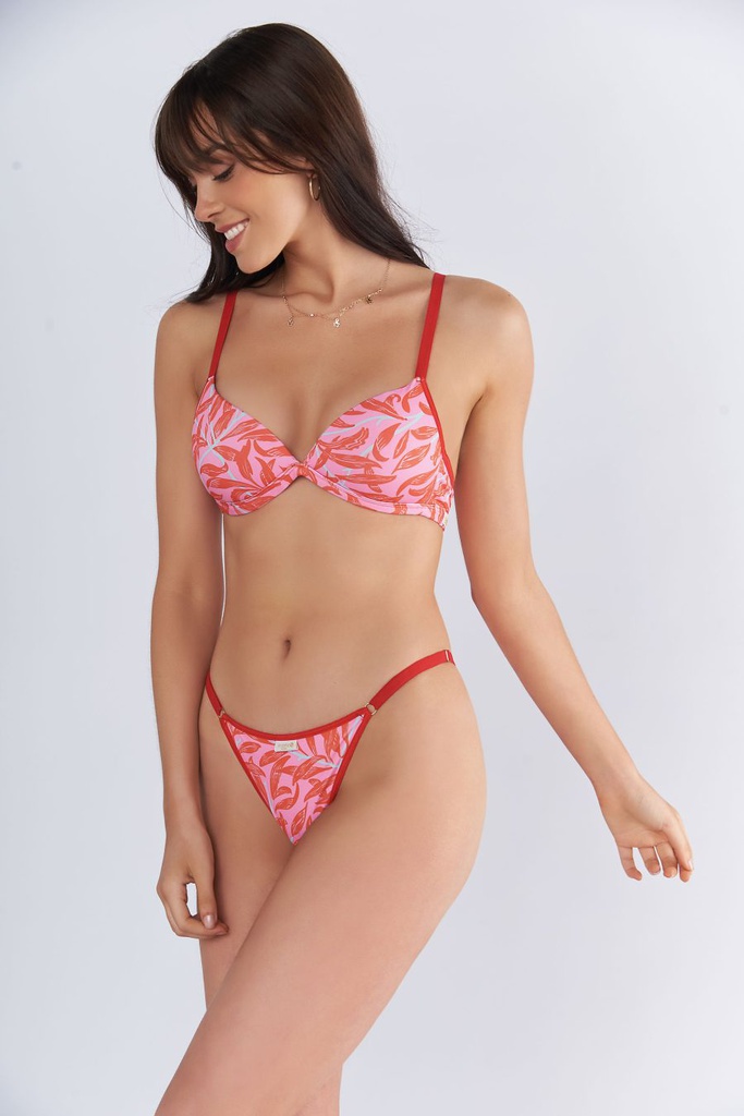 CONJUNTO TRIANGULO DE MICROFIBRA ESTAMPADA &quot;LEAVES&quot; CON TANGA REGULABLE