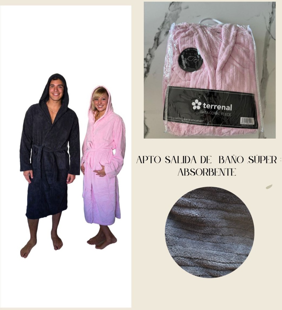 DESCUENTO 10% LIQUIDACION DE TEMPORADA! INV. BATA CORAL FLEECE ACANALADA CON CAPUCHA apta para salida de baño