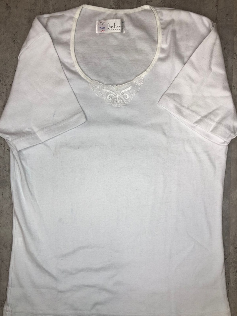 CAMISETA SIN MANGA ART 332 y M/C ART 330 CON CUELLO BORDADO DETALLE LISA, ALGODON