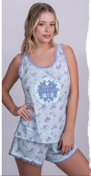 VER. PIJAMA MUSCULOSA Y SHORT ESTAMPADO CON PUNTILLA &quot;FORTUNE&quot;