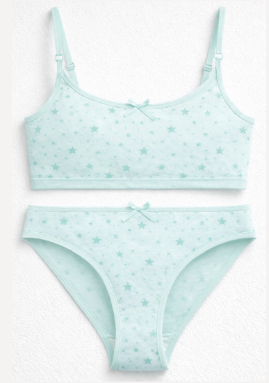 CONJUNTO TEENS ESTAMPADO DE ALGODÓN Y LYCRA CON BRETEL FINO Y VEDETINA "ESTRELLAS"