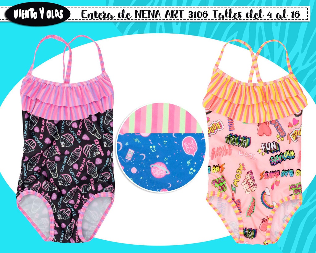 MALLA ENTERA NENA ESTAMPADO HELADOS, NAVE ESPACIAL Y MULTI OBJETOS.