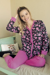 [PIA321] LIQUIDACION ! - INV. PIJAMA DAMA  REMERA MANGAS LARGAS ABOTONADA ESTAMPADA CON PANTALON LISO